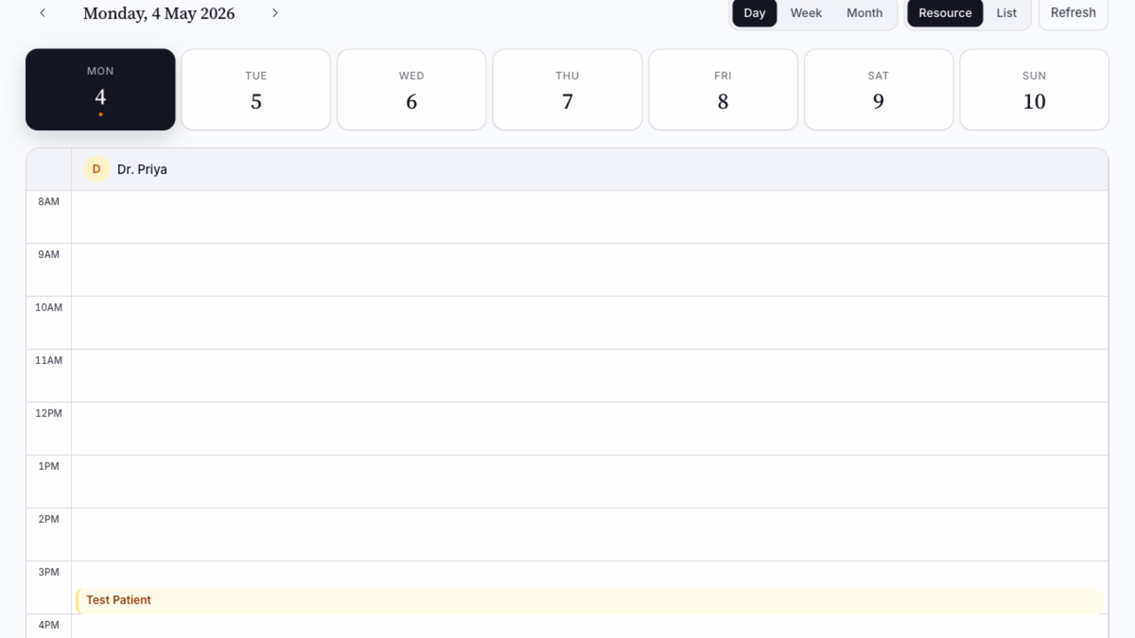 Dashboard calendar resource view with appointments