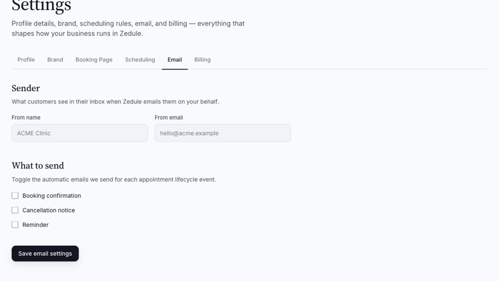 Email settings with sender configuration