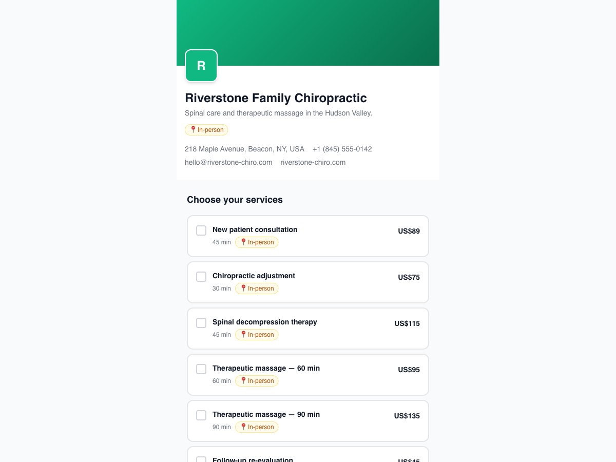 Customer-facing booking page for Riverstone Family Chiropractic