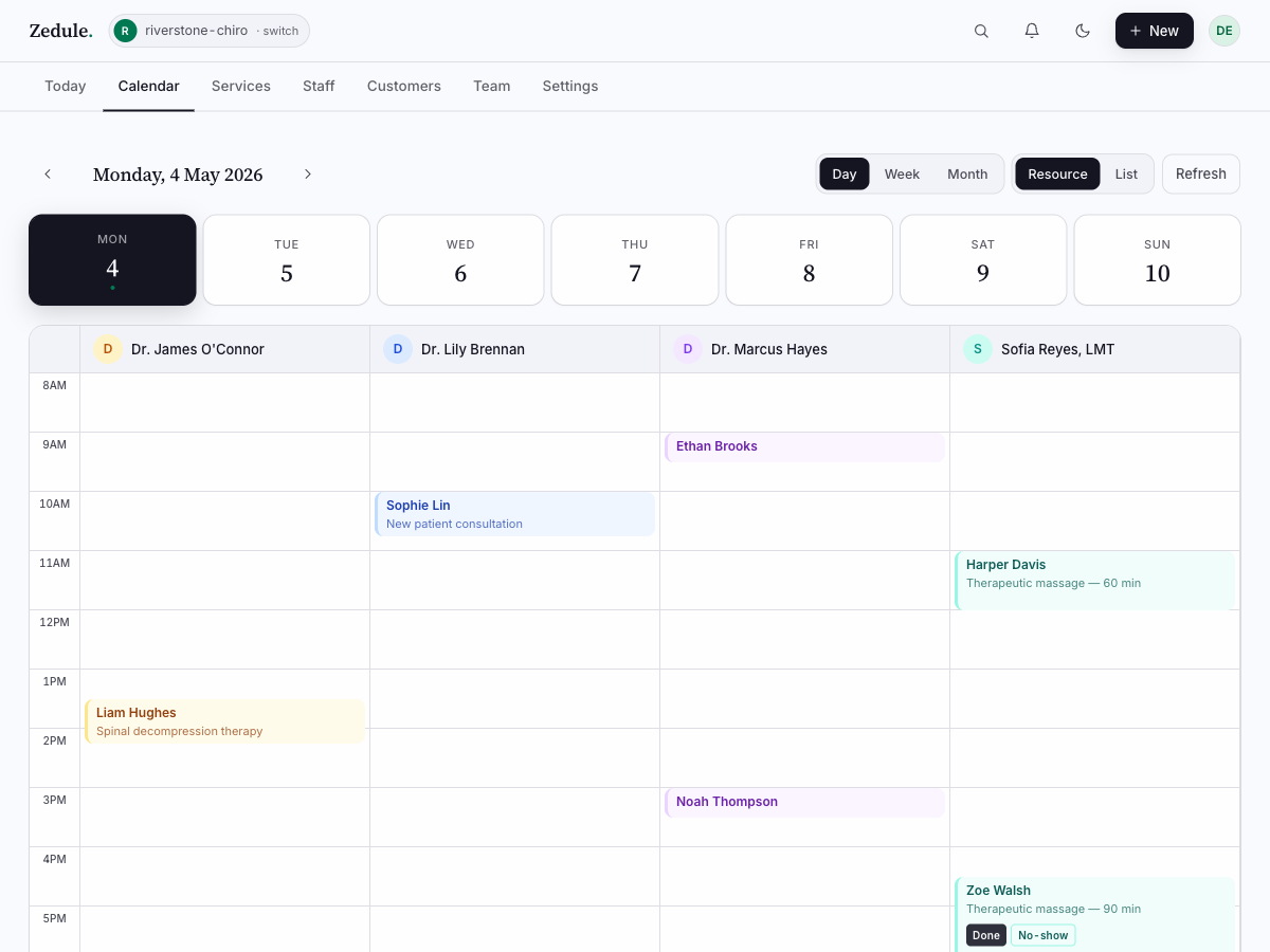 Calendar Resource view with four-column staff grid