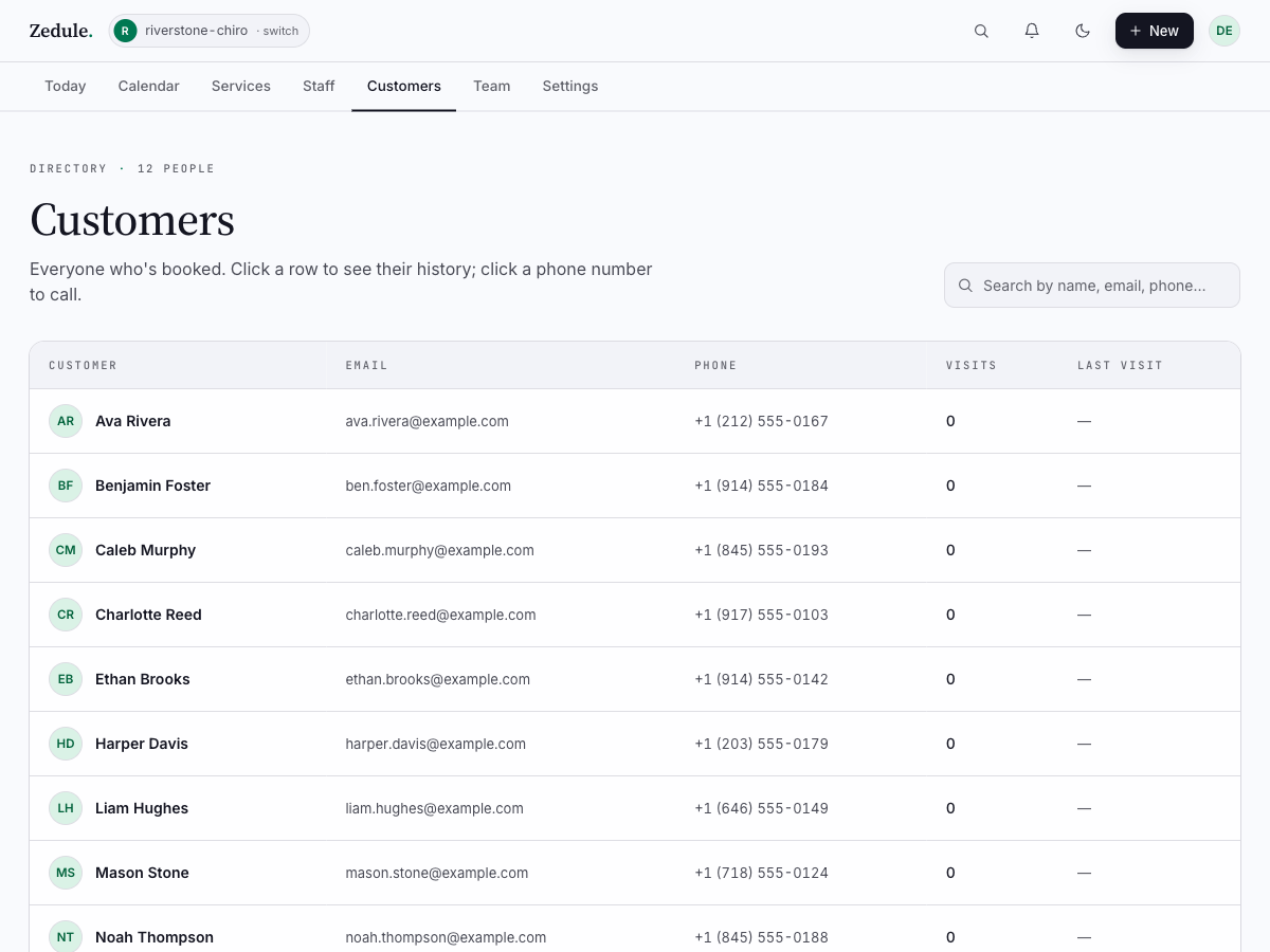 Customer directory with twelve client records