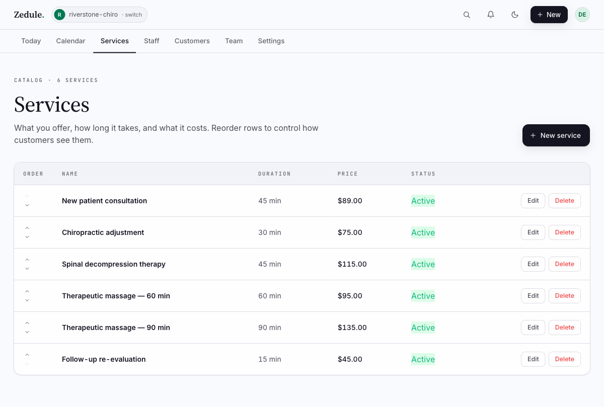 Services catalog with six entries
