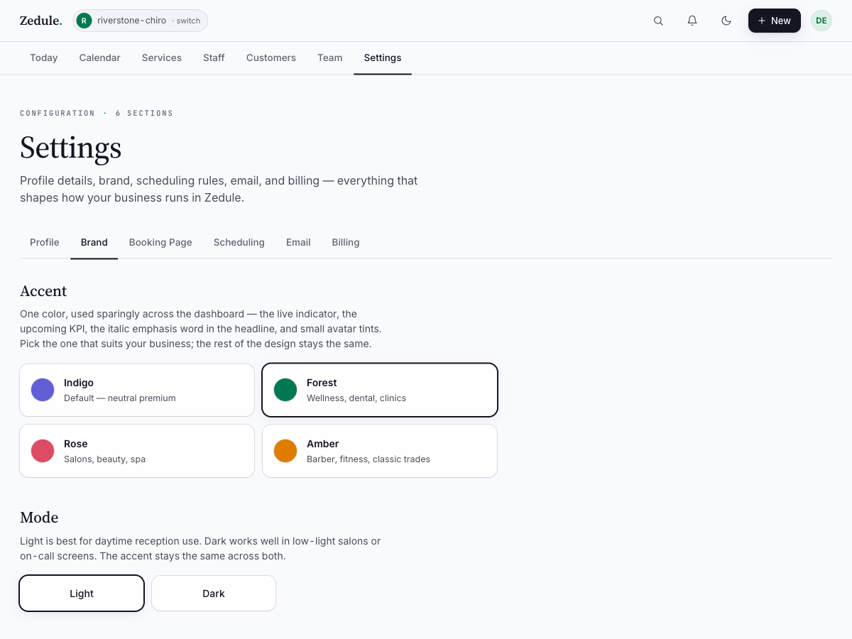 Settings → Brand with four accent template cards and Light/Dark mode toggle