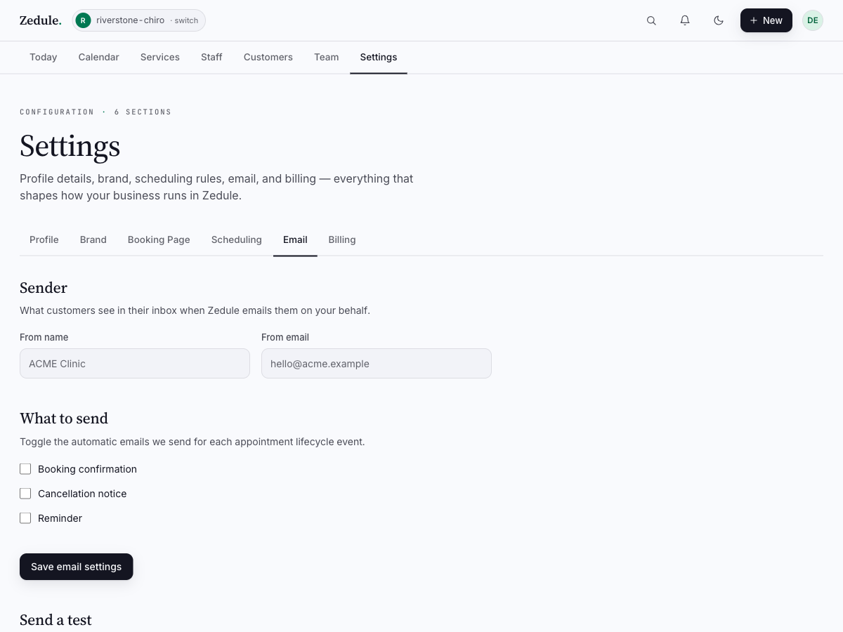 Email settings page with sender + lifecycle toggles + send-test panel