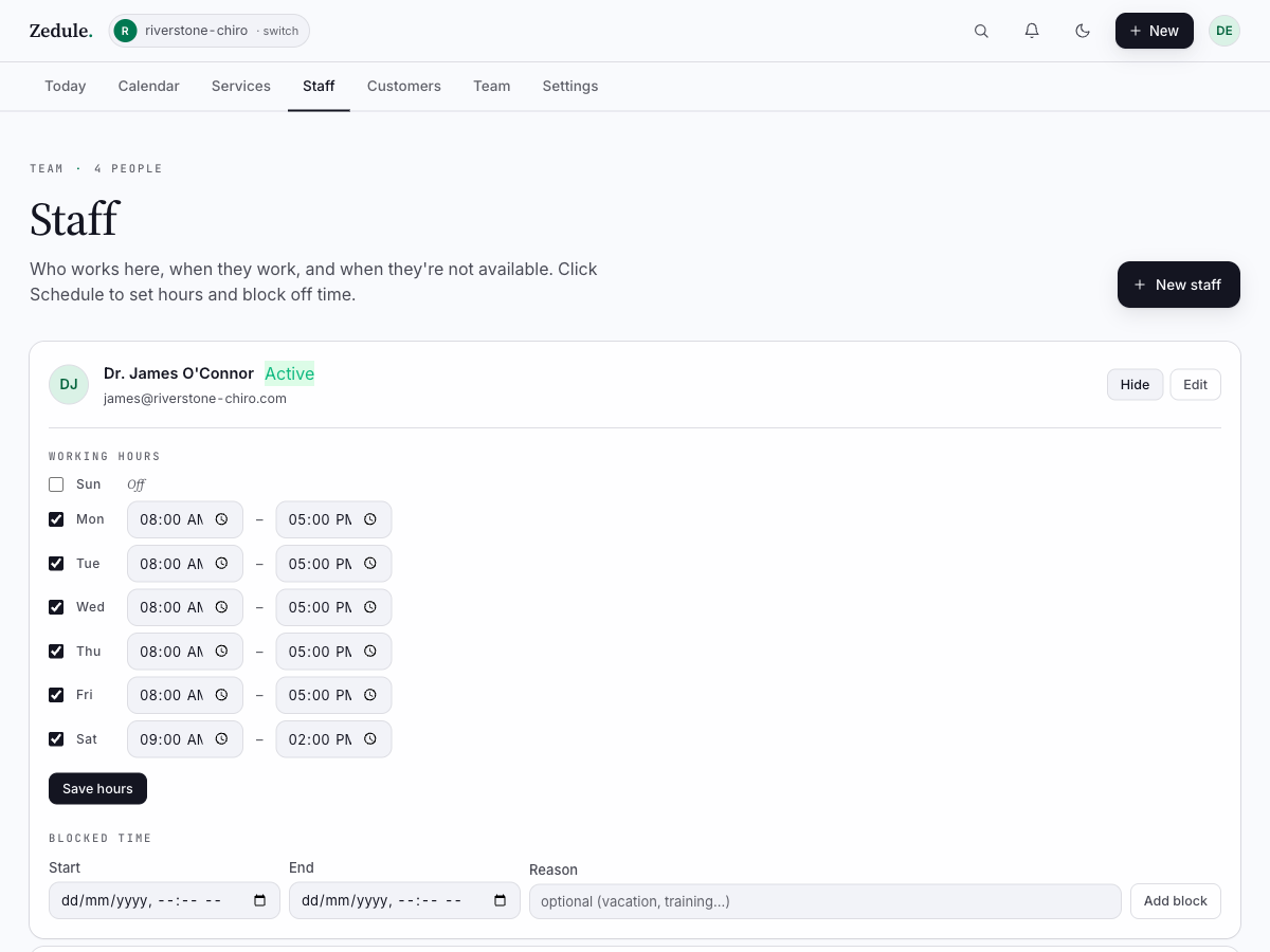 Staff page with one schedule expanded showing weekday hours